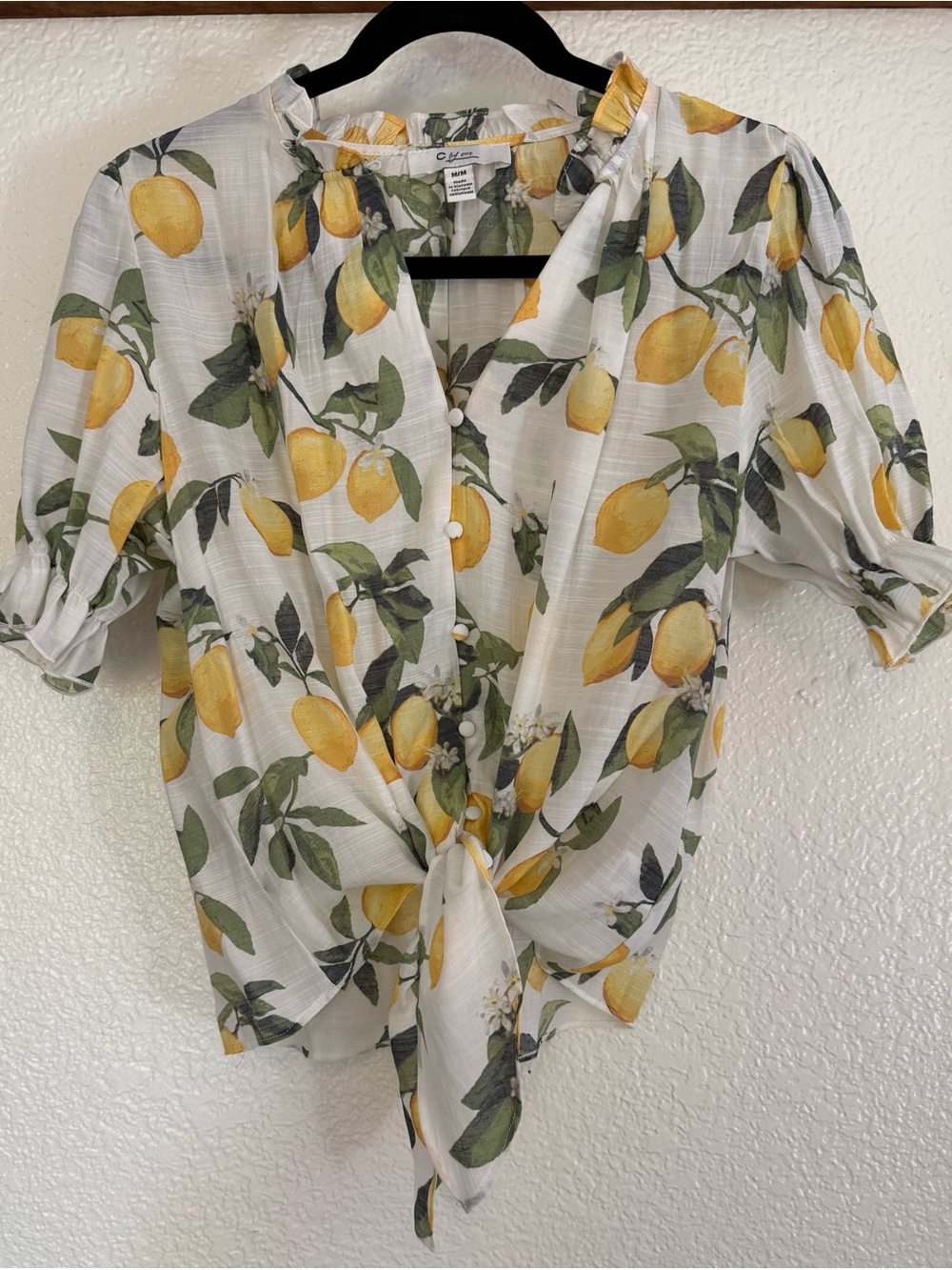 Tie-Front Lemon Print Blouse - White/Yellow